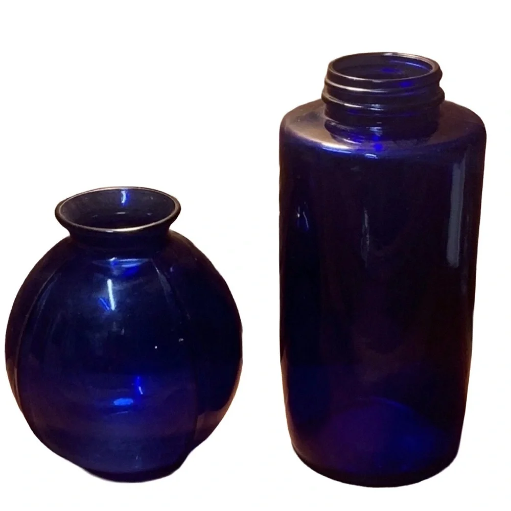 Vintage Mid Century Deco Cobalt Blue Vase  & 7” Cobalt Bottle